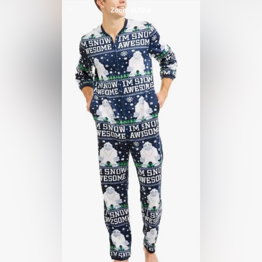 Yeti Abominable Snowman Pajamas mens L jumpsuit Union Suit I’m Snow Awesome